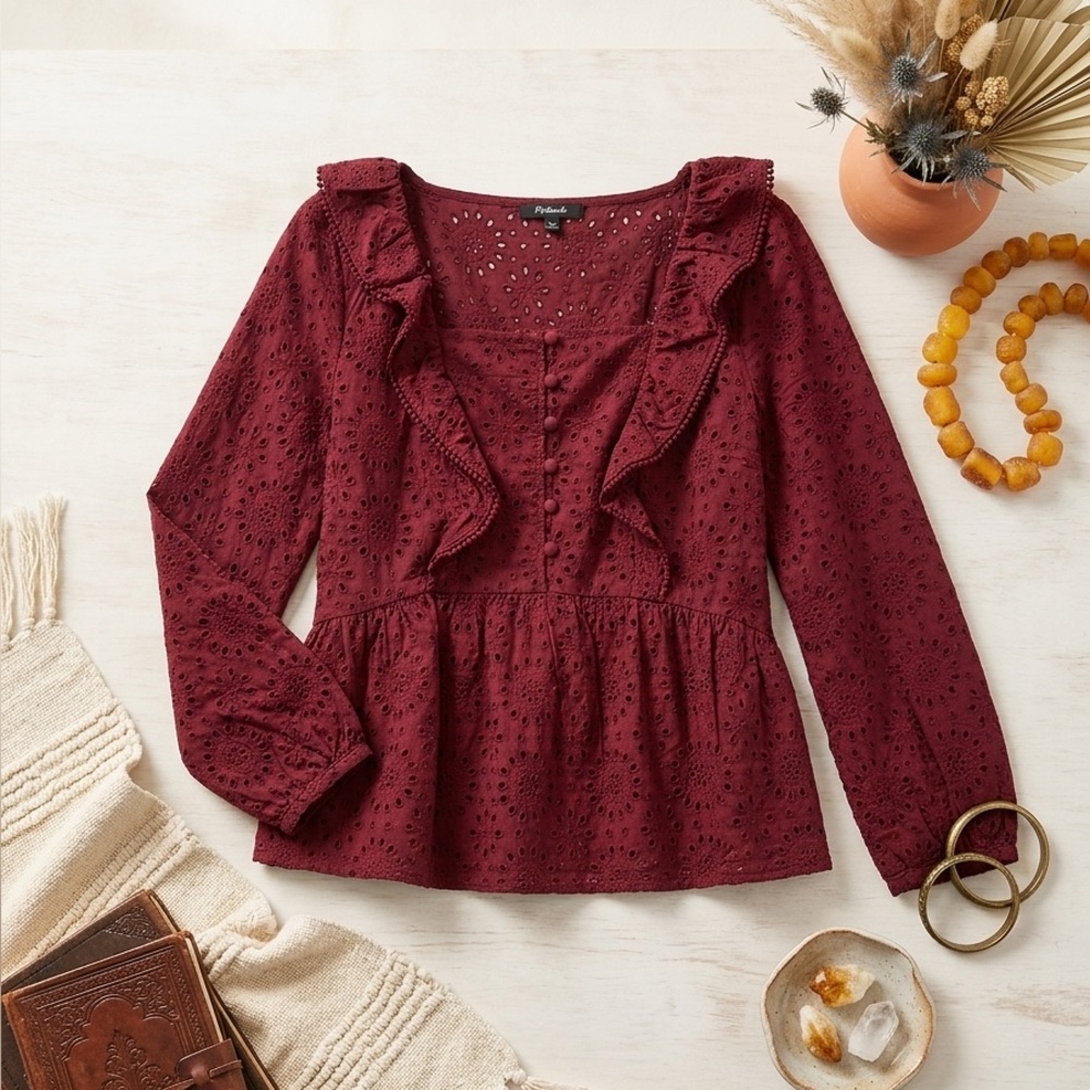 Madewell Eyelet Ruffle Peplum Top burgundy Boho Button Front Small